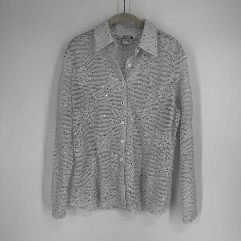 Exclusively Misook top womens large L white sheer rhinestone button up party